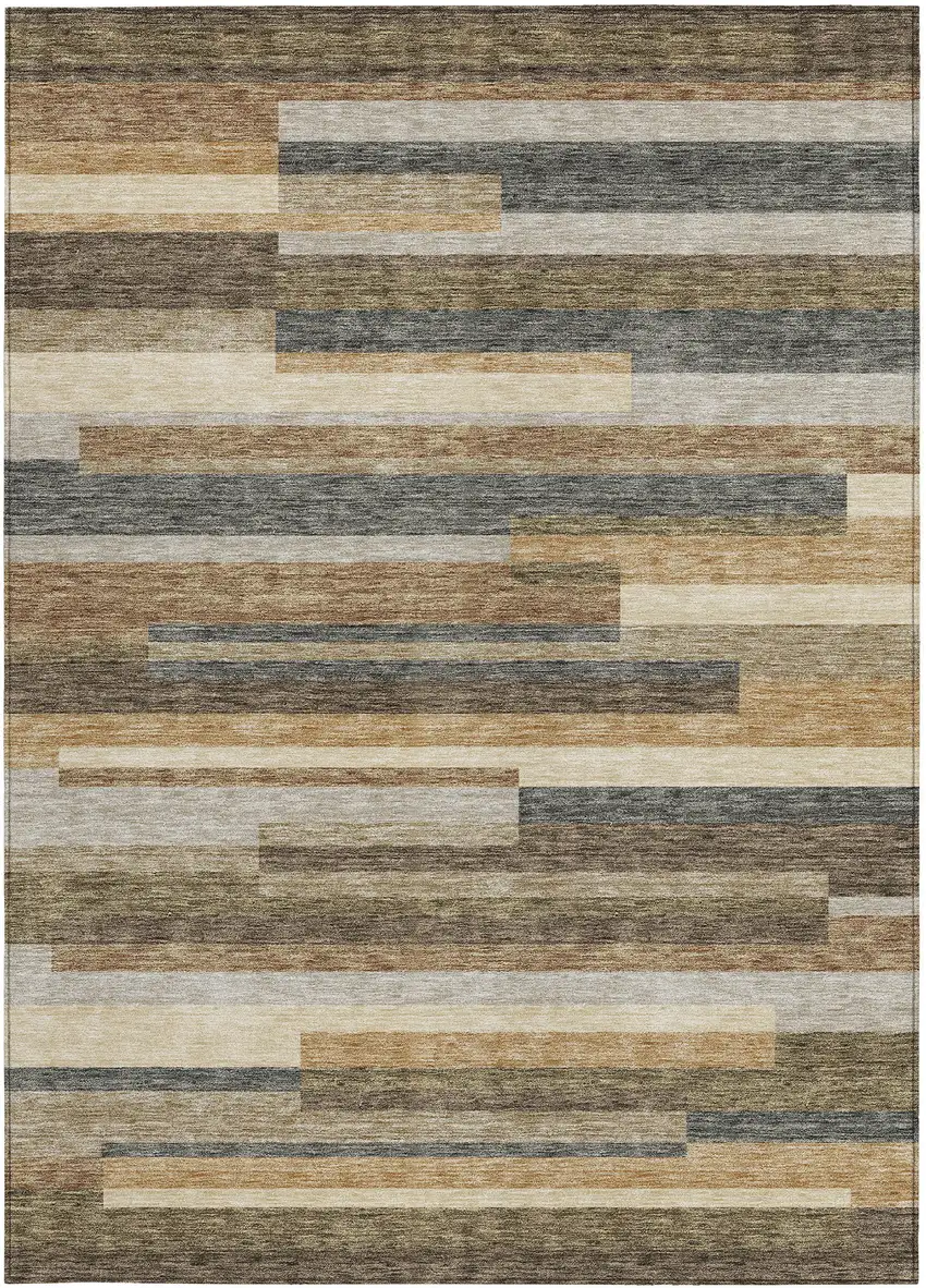 Taupe Beige And Charcoal Striped Washable Indoor Outdoor Area Rug Photo 4