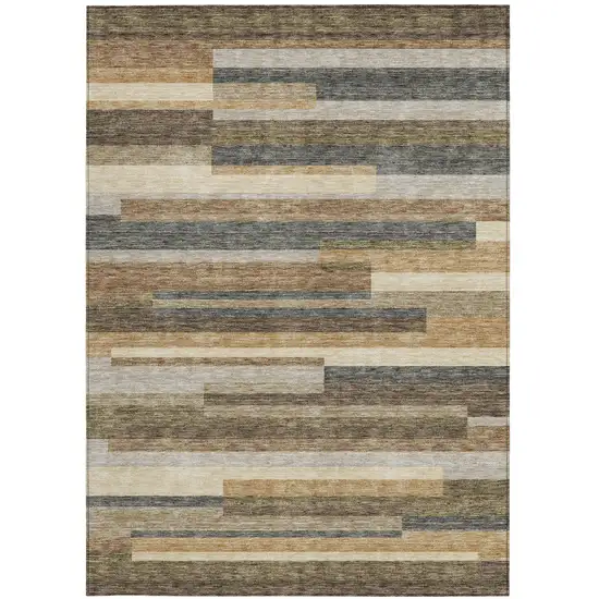 Taupe Beige And Charcoal Striped Washable Indoor Outdoor Area Rug Photo 4