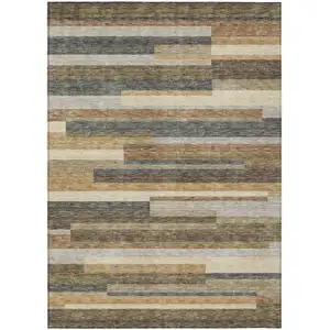 Photo of Taupe Beige And Charcoal Striped Washable Indoor Outdoor Area Rug