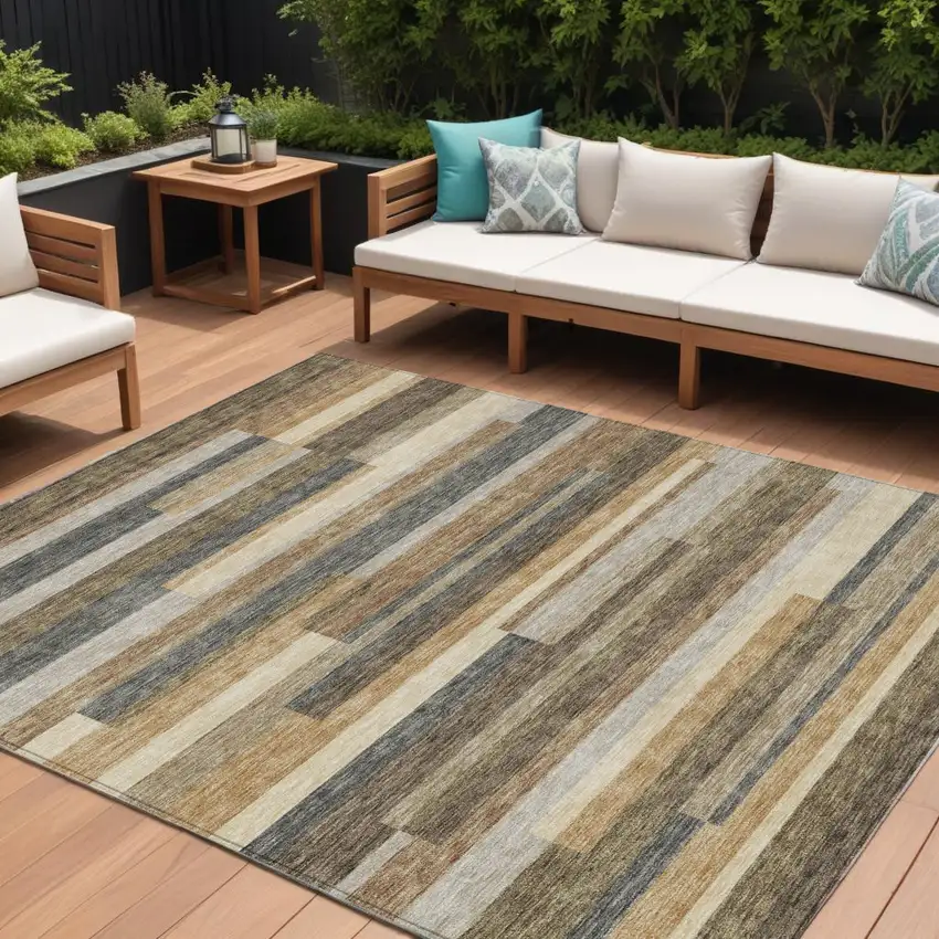 Taupe Beige And Charcoal Striped Washable Indoor Outdoor Area Rug Photo 1