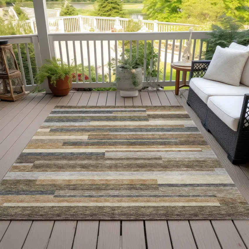 Taupe Beige And Charcoal Striped Washable Indoor Outdoor Area Rug Photo 6