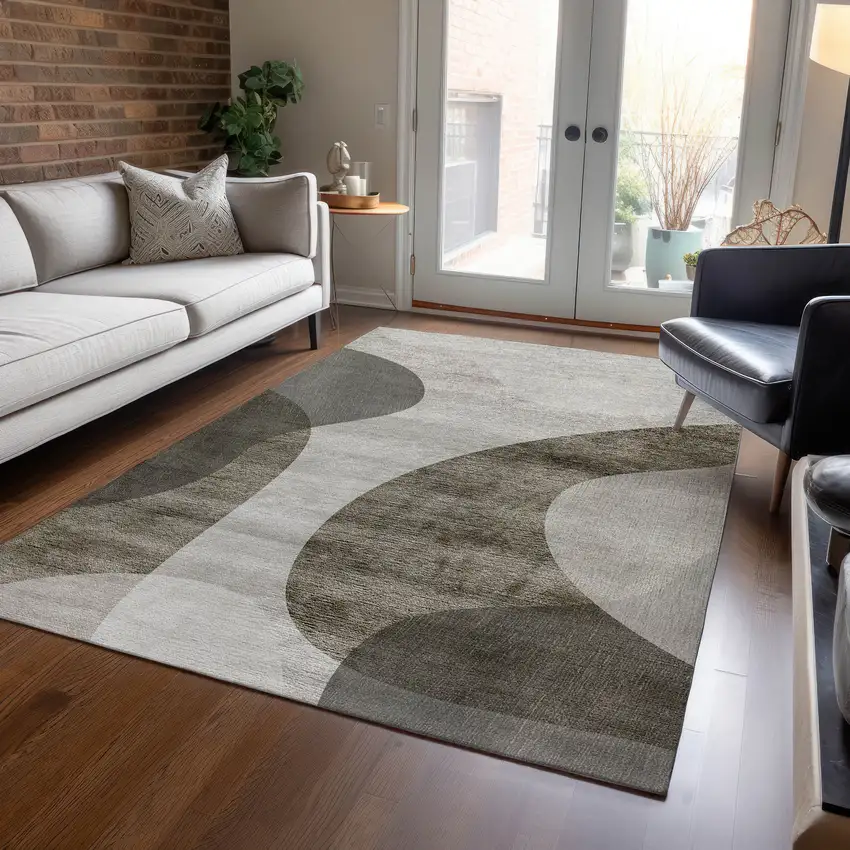 Taupe Beige And Chocolate Abstract Washable Indoor Outdoor Area Rug Photo 8