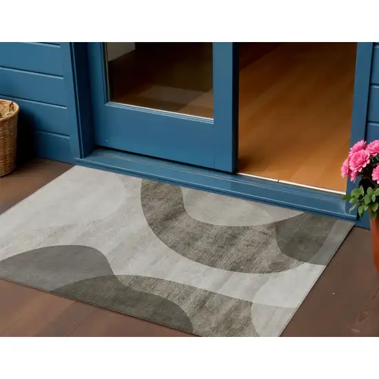 Taupe Beige And Chocolate Abstract Washable Indoor Outdoor Area Rug Photo 1