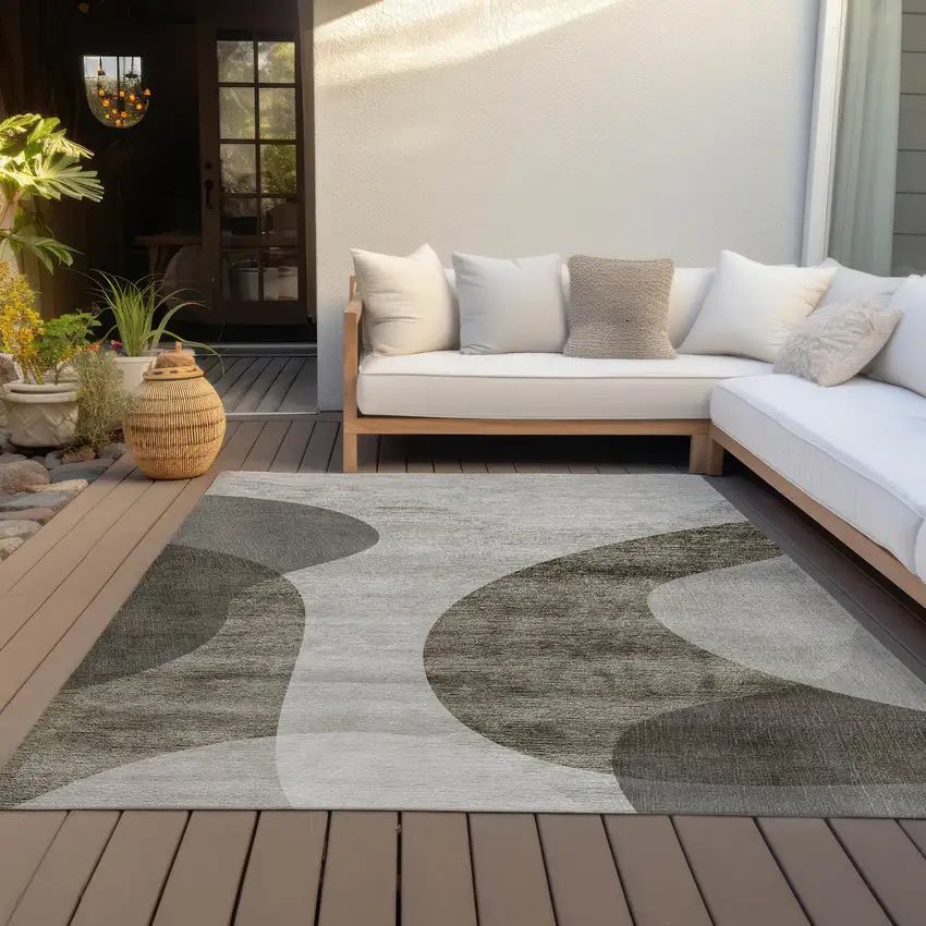 Taupe Beige And Chocolate Abstract Washable Indoor Outdoor Area Rug Photo 6