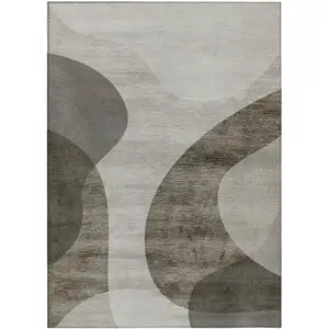 Photo of Taupe Beige And Chocolate Abstract Washable Indoor Outdoor Area Rug