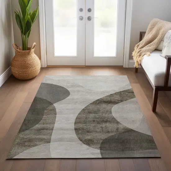 Taupe Beige And Chocolate Abstract Washable Indoor Outdoor Area Rug Photo 9