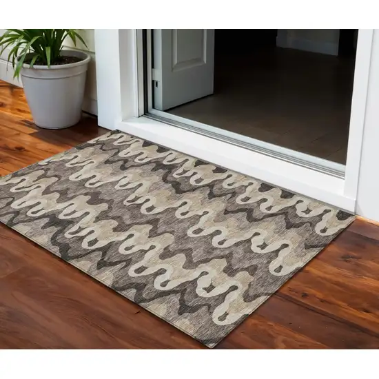 Taupe Beige And Chocolate Abstract Washable Indoor Outdoor Area Rug Photo 1