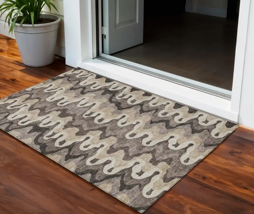 Taupe Beige And Chocolate Abstract Washable Indoor Outdoor Area Rug Photo 1