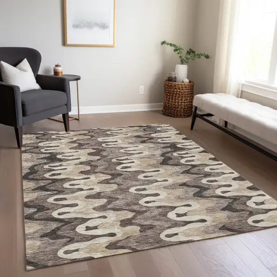 Taupe Beige And Chocolate Abstract Washable Indoor Outdoor Area Rug Photo 7