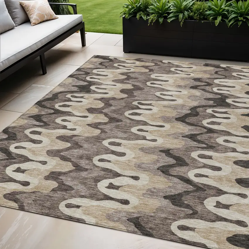 Taupe Beige And Chocolate Abstract Washable Indoor Outdoor Area Rug Photo 1