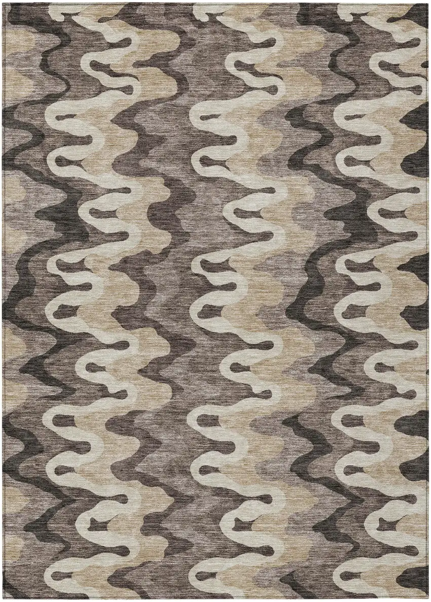 Taupe Beige And Chocolate Abstract Washable Indoor Outdoor Area Rug Photo 1