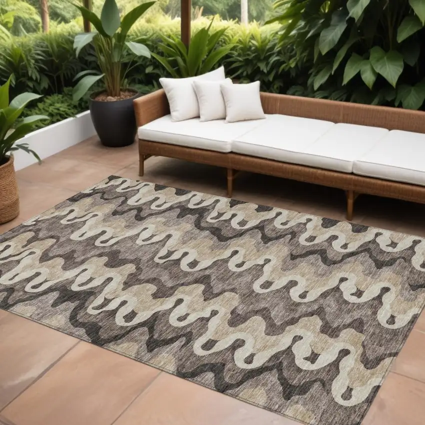 Taupe Beige And Chocolate Abstract Washable Indoor Outdoor Area Rug Photo 1