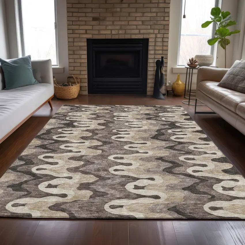 Taupe Beige And Chocolate Abstract Washable Indoor Outdoor Area Rug Photo 6