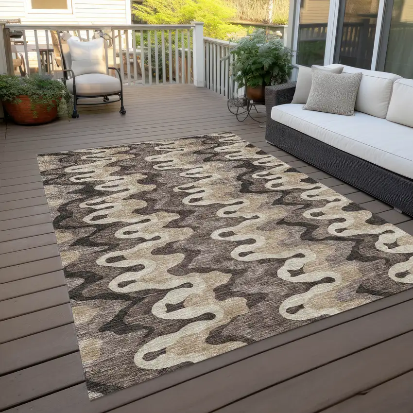 Taupe Beige And Chocolate Abstract Washable Indoor Outdoor Area Rug Photo 8