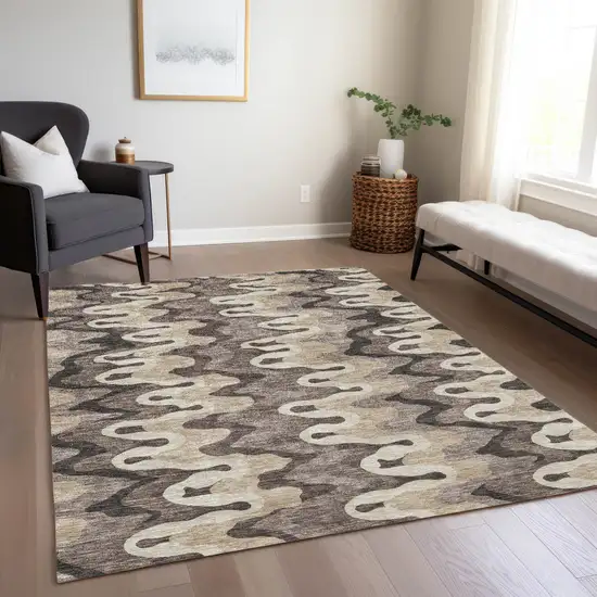 Taupe Beige And Chocolate Abstract Washable Indoor Outdoor Area Rug Photo 7