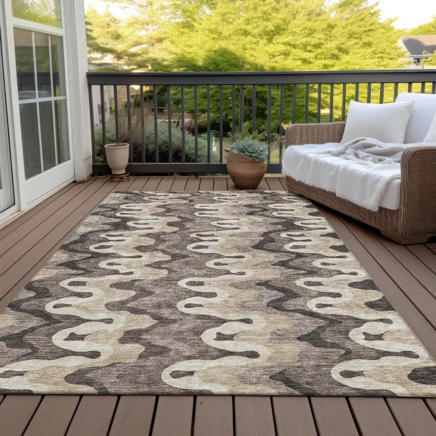 Taupe Beige And Chocolate Abstract Washable Indoor Outdoor Area Rug Photo 5