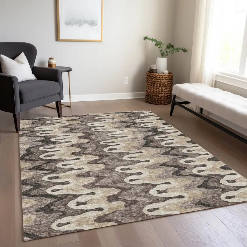 Taupe Beige And Chocolate Abstract Washable Indoor Outdoor Area Rug Photo 7