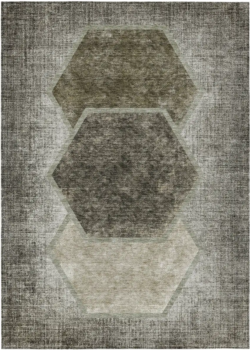 Taupe Beige And Chocolate Geometric Washable Indoor Outdoor Area Rug Photo 2