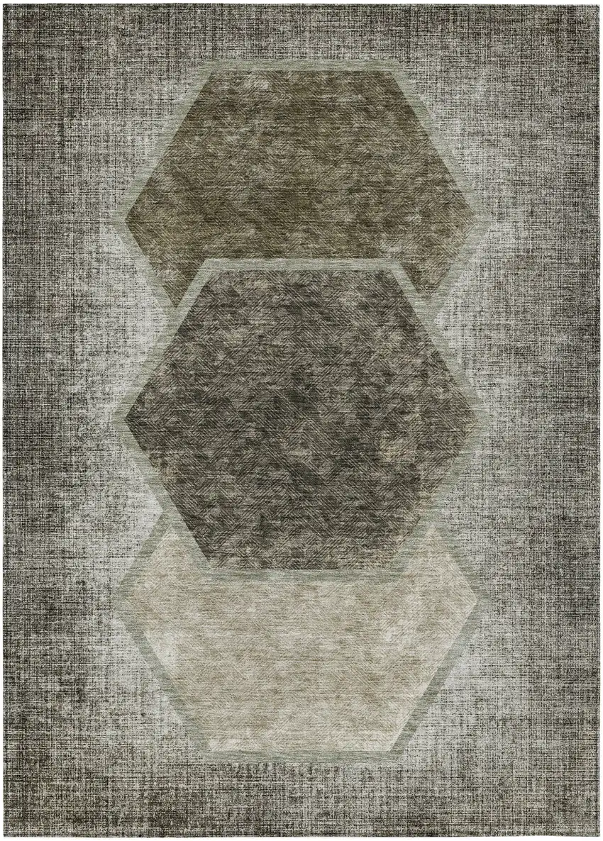 Taupe Beige And Chocolate Geometric Washable Indoor Outdoor Area Rug Photo 2