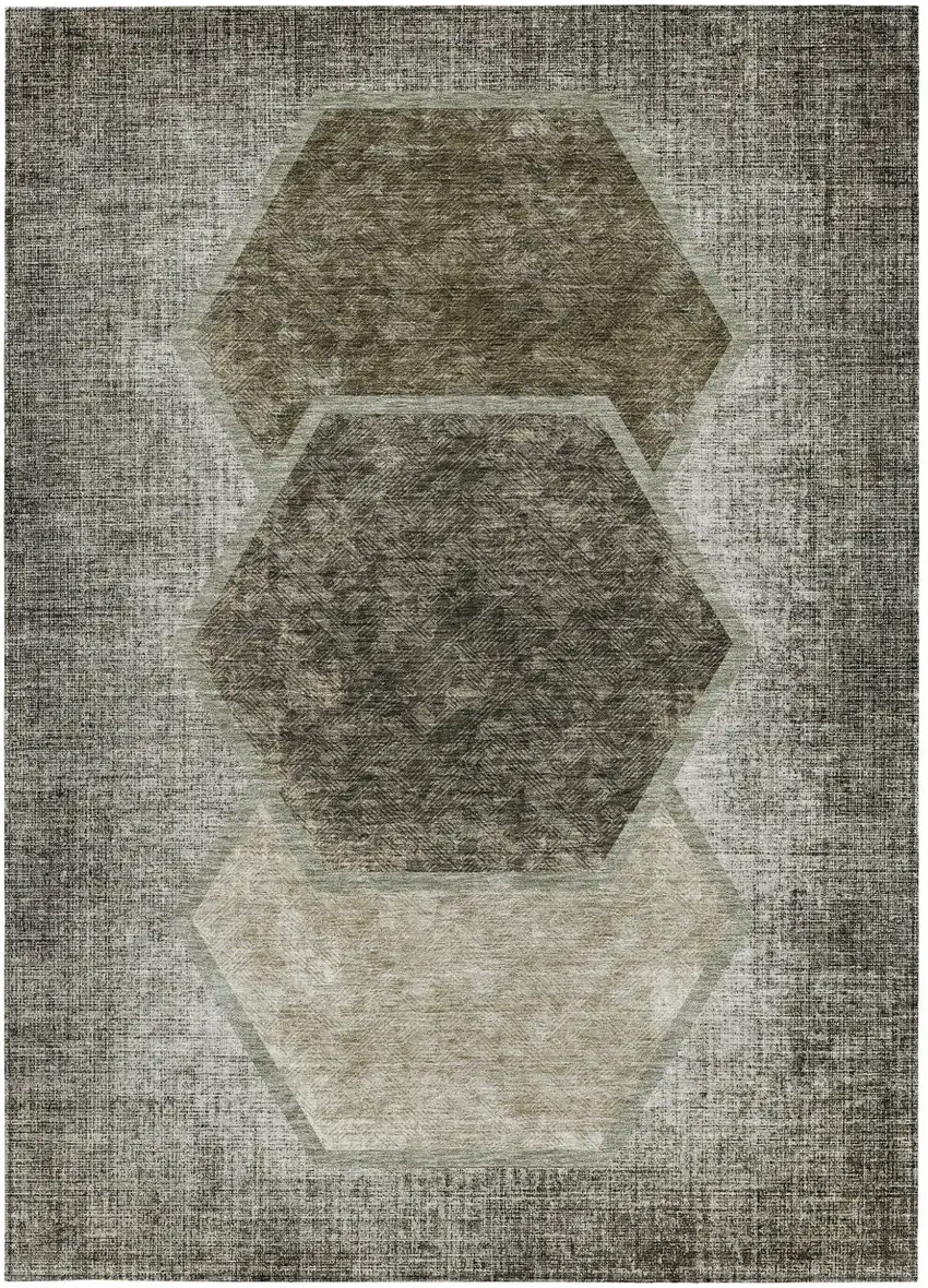 Taupe Beige And Chocolate Geometric Washable Indoor Outdoor Area Rug Photo 8
