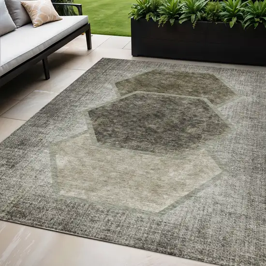 Taupe Beige And Chocolate Geometric Washable Indoor Outdoor Area Rug Photo 1