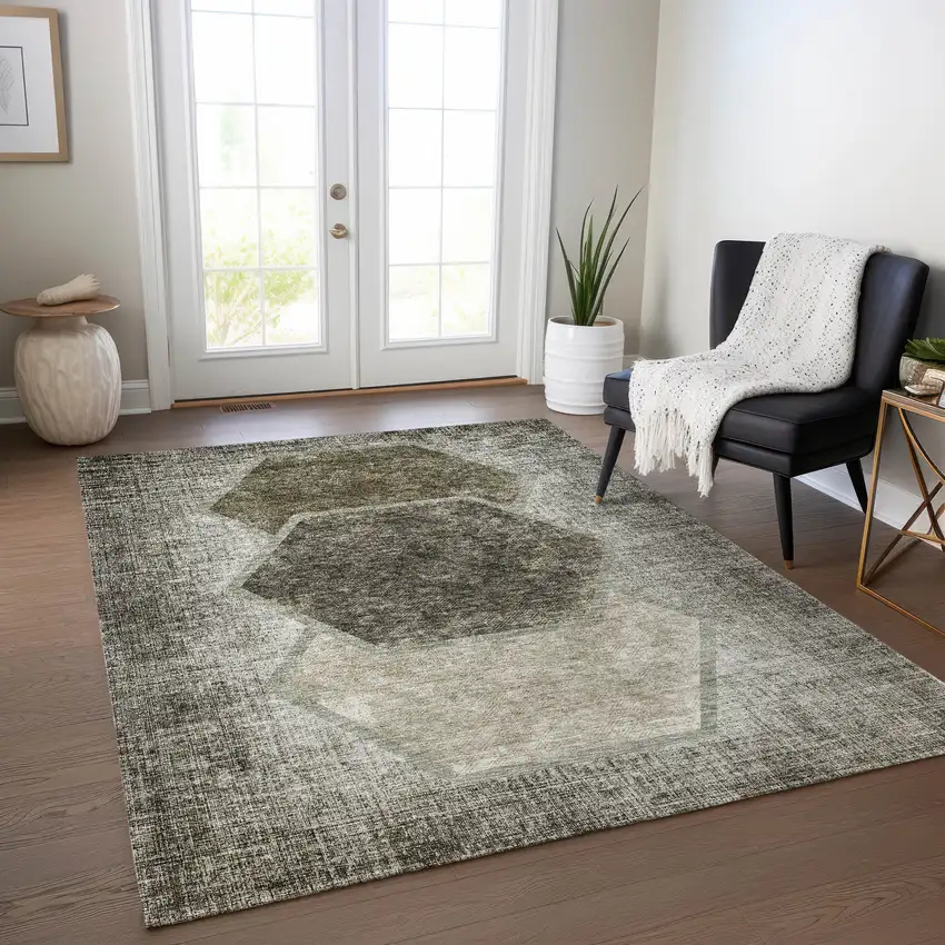 Taupe Beige And Chocolate Geometric Washable Indoor Outdoor Area Rug Photo 9