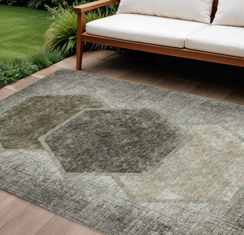 Taupe Beige And Chocolate Geometric Washable Indoor Outdoor Area Rug Photo 1