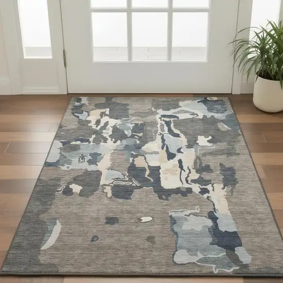 Taupe Beige And Cream Abstract Washable Area Rug With UV Protection Photo 2