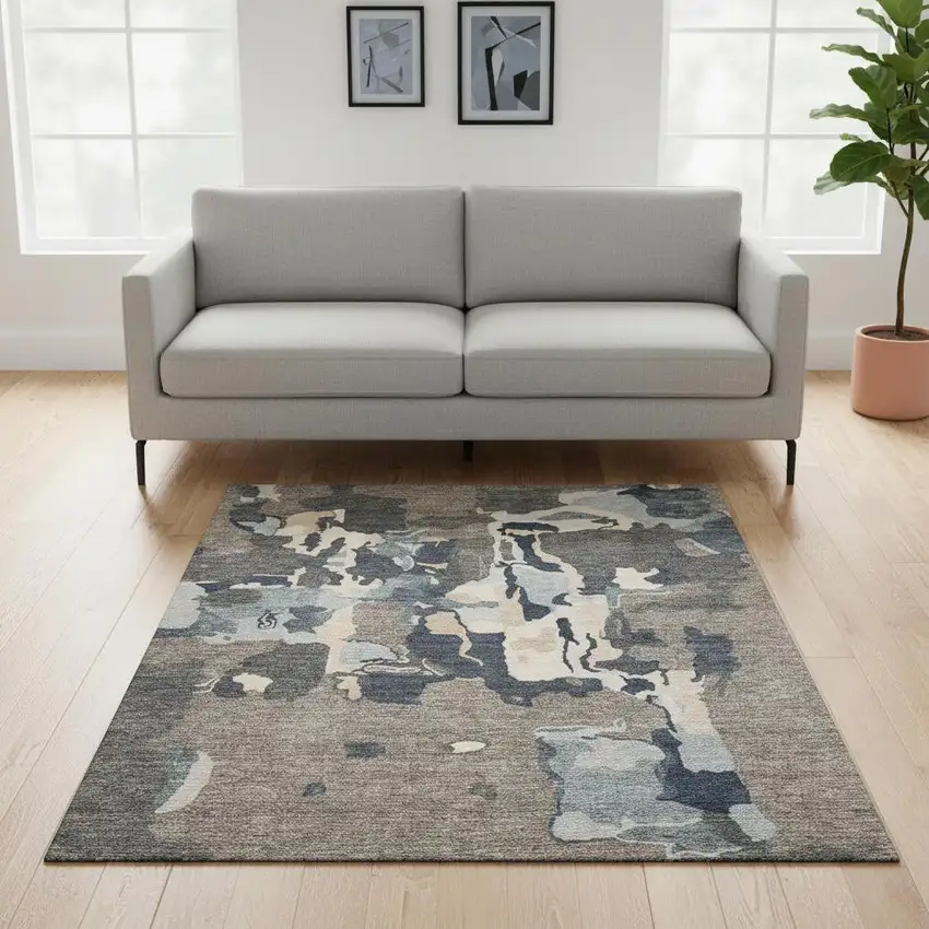 Taupe Beige And Cream Abstract Washable Area Rug With UV Protection Photo 2