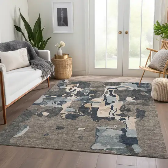 Taupe Beige And Cream Abstract Washable Area Rug With UV Protection Photo 5