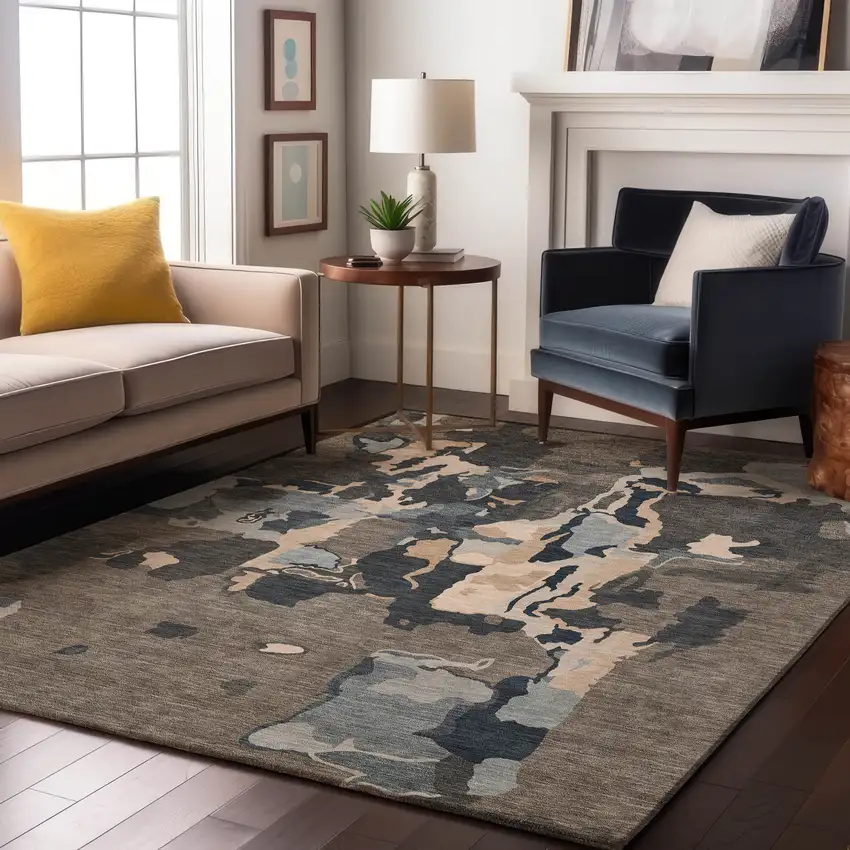 Taupe Beige And Cream Abstract Washable Area Rug With UV Protection Photo 3
