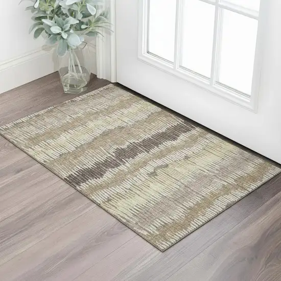 Taupe Beige And Cream Striped Washable Area Rug With UV Protection Photo 1