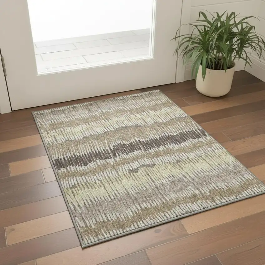 Taupe Beige And Cream Striped Washable Area Rug With UV Protection Photo 2