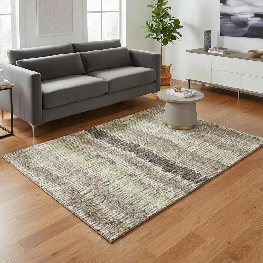 Taupe Beige And Cream Striped Washable Area Rug With UV Protection Photo 2