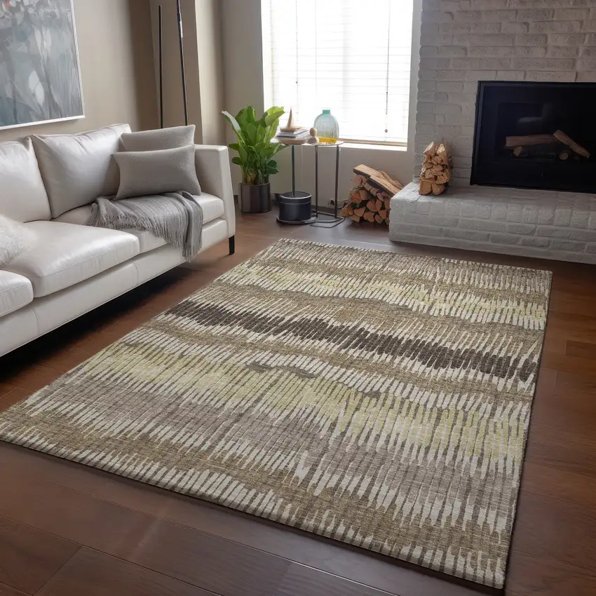 Taupe Beige And Cream Striped Washable Area Rug With UV Protection Photo 5