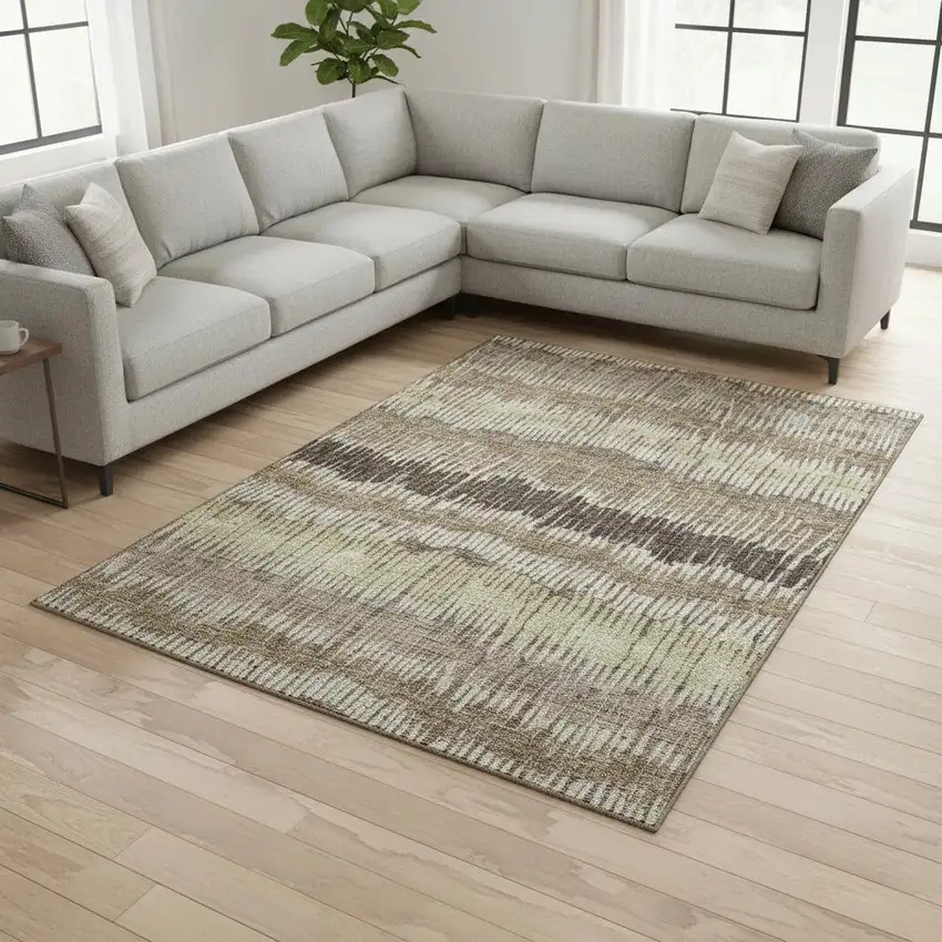 Taupe Beige And Cream Striped Washable Area Rug With UV Protection Photo 2