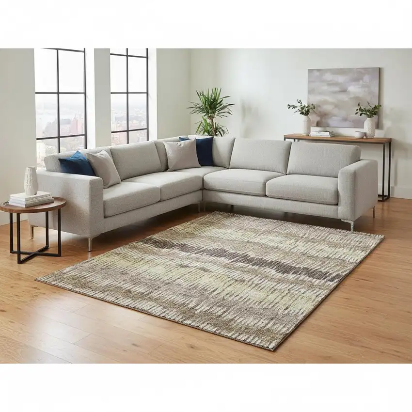 Taupe Beige And Cream Striped Washable Area Rug With UV Protection Photo 2