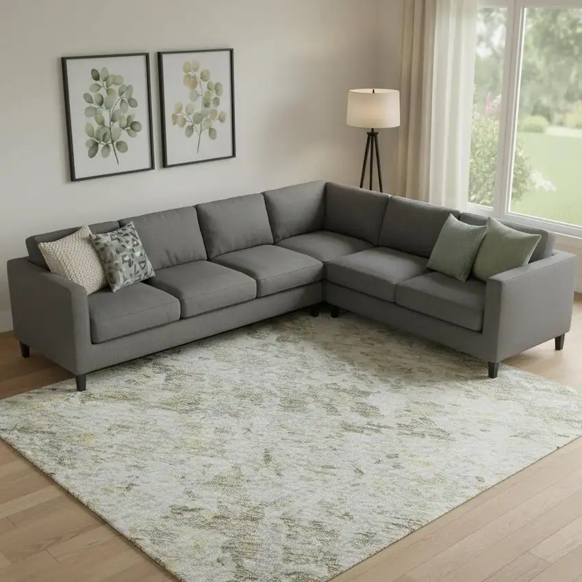 Taupe Beige And Gold Abstract Washable Area Rug With UV Protection Photo 2