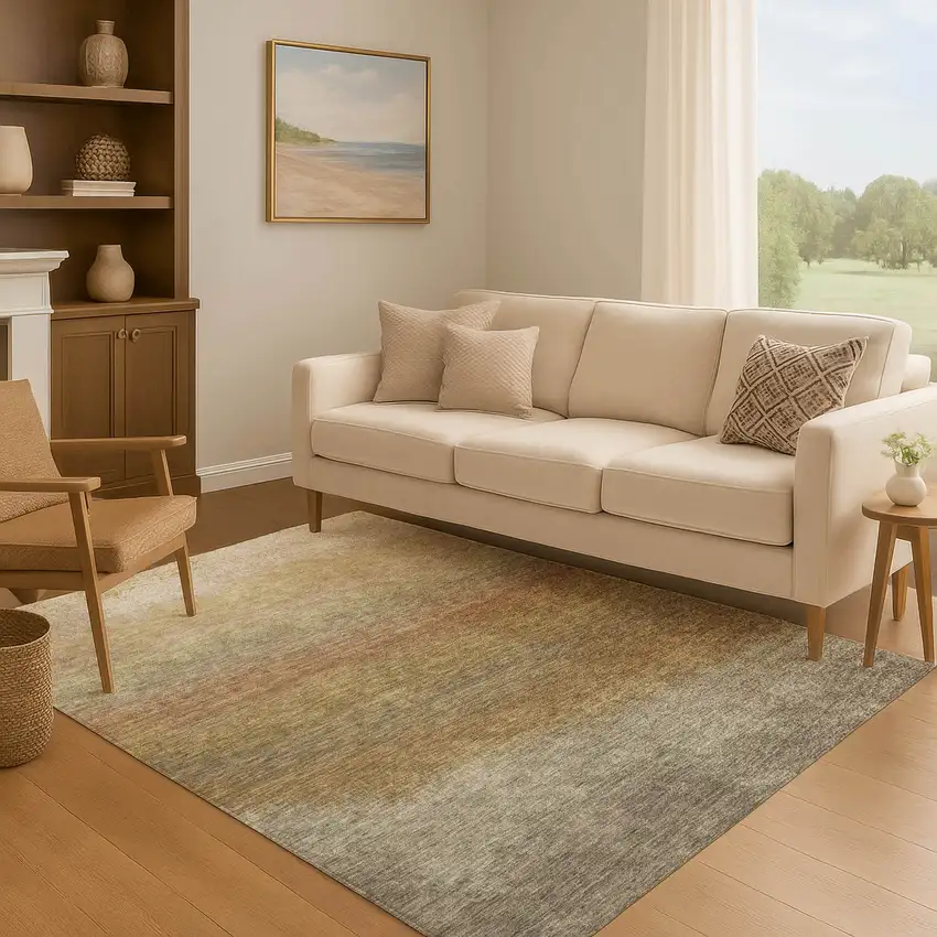 Taupe Beige And Gold Ombre Washable Area Rug With UV Protection Photo 6