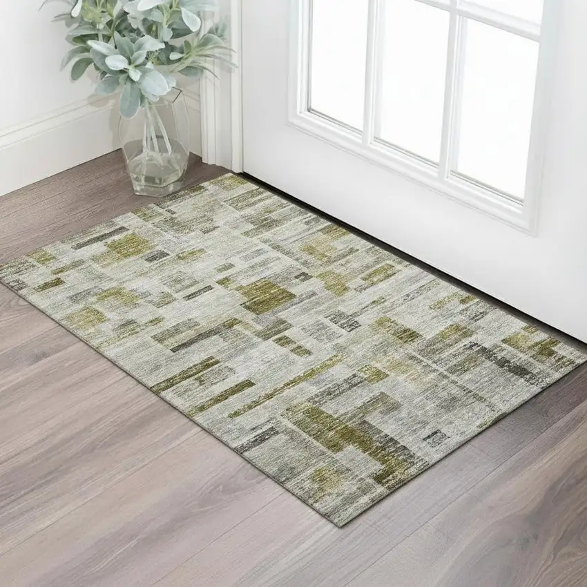 Taupe Beige And Gold Striped Washable Area Rug With UV Protection Photo 2