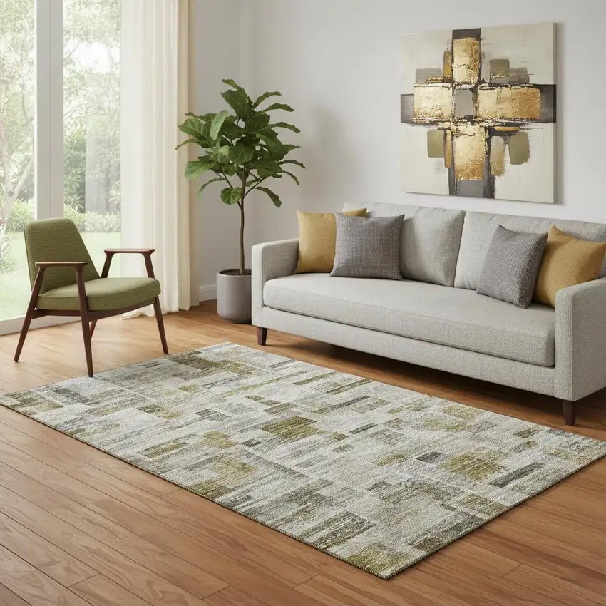 Taupe Beige And Gold Striped Washable Area Rug With UV Protection Photo 2