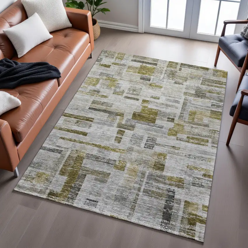 Taupe Beige And Gold Striped Washable Area Rug With UV Protection Photo 5