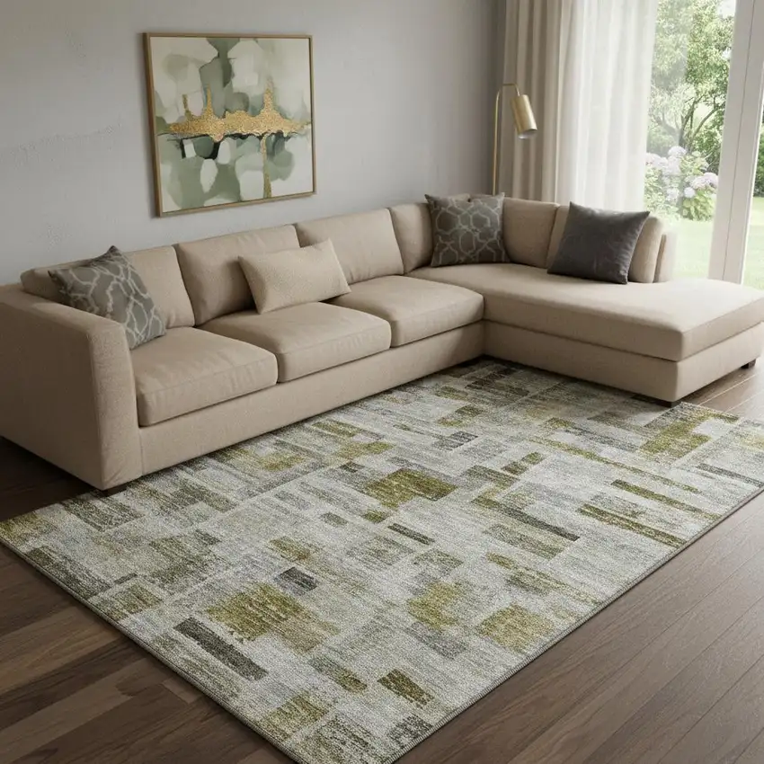 Taupe Beige And Gold Striped Washable Area Rug With UV Protection Photo 2