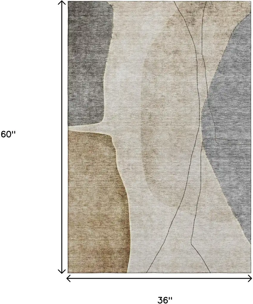 Taupe Beige And Gray Abstract Washable Area Rug With UV Protection Photo 3