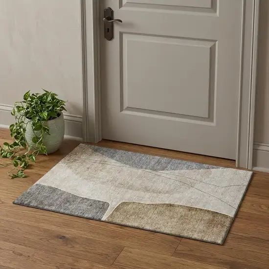 Taupe Beige And Gray Abstract Washable Area Rug With UV Protection Photo 1