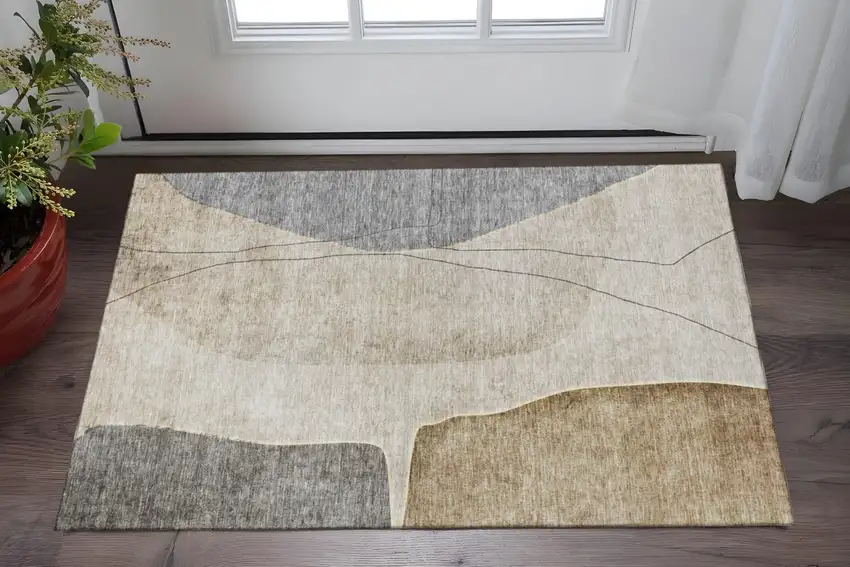 Taupe Beige And Gray Abstract Washable Area Rug With UV Protection Photo 2