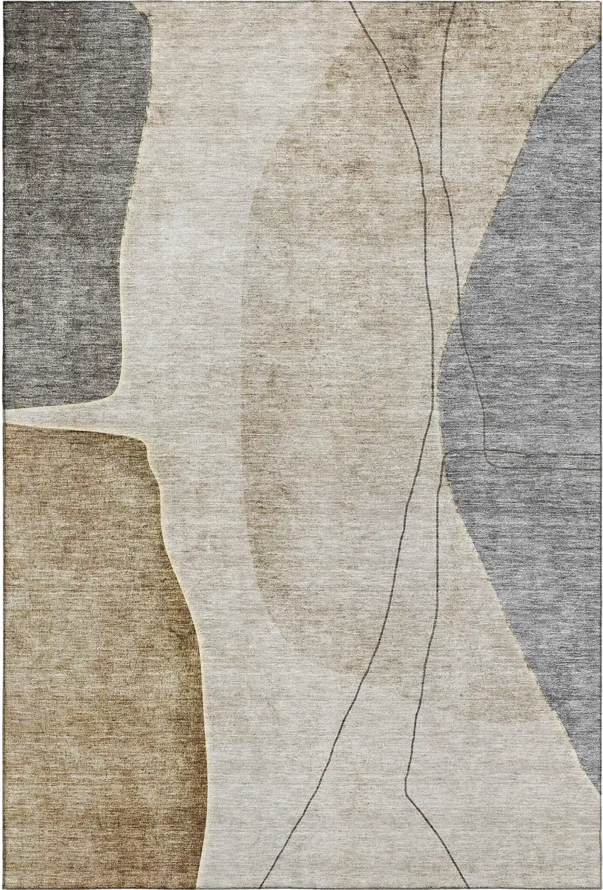 Taupe Beige And Gray Abstract Washable Area Rug With UV Protection Photo 1