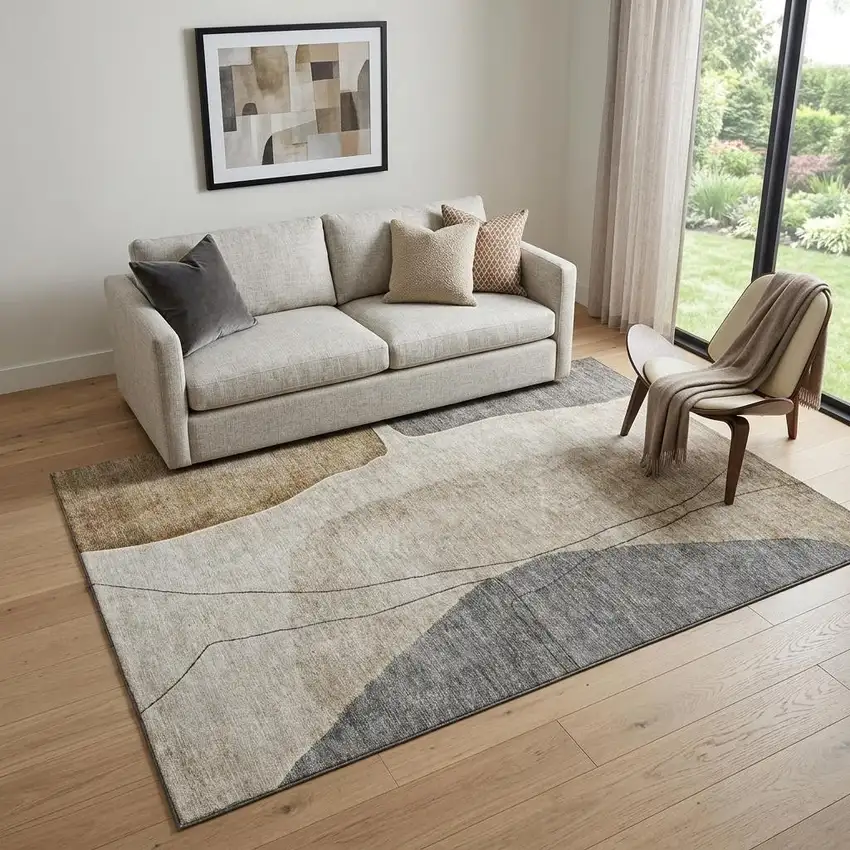 Taupe Beige And Gray Abstract Washable Area Rug With UV Protection Photo 1