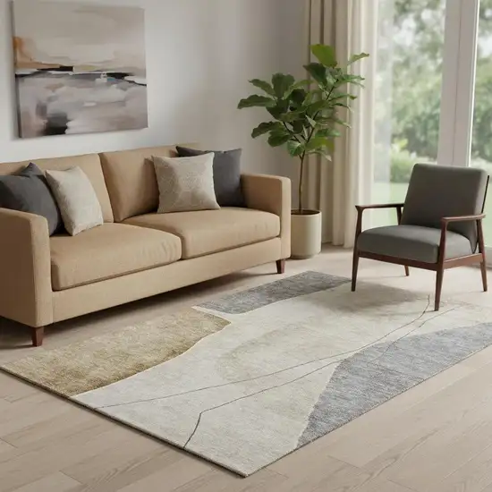 Taupe Beige And Gray Abstract Washable Area Rug With UV Protection Photo 1