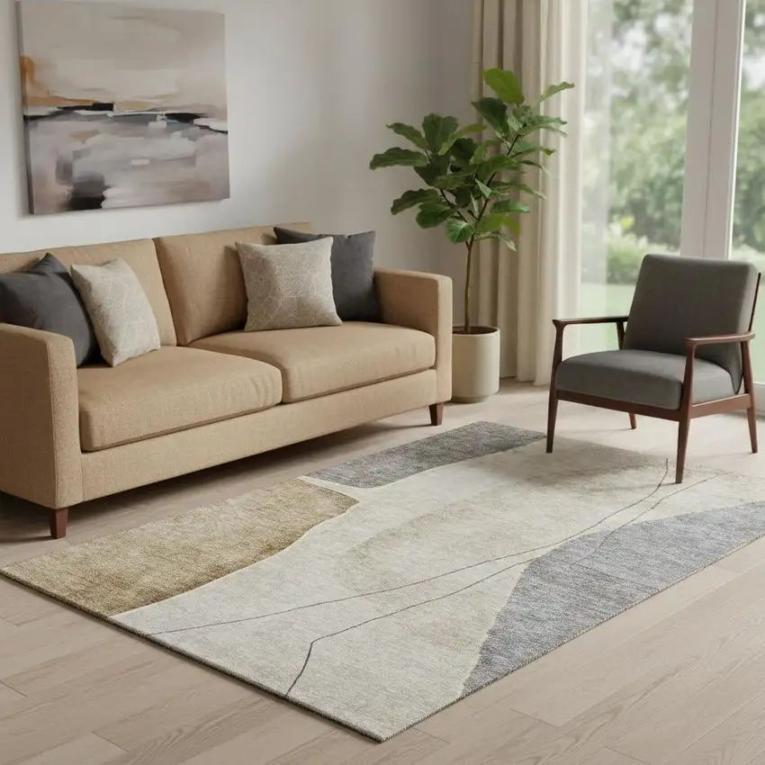 Taupe Beige And Gray Abstract Washable Area Rug With UV Protection Photo 1